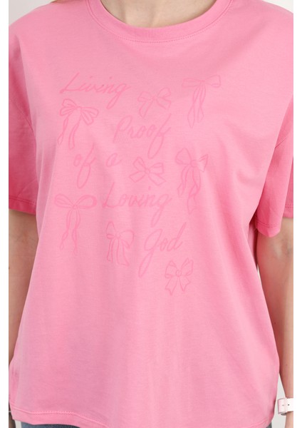 Kadın Bisiklet Yaka Baskılı Pamuklu T-Shirt Pembe - 925033