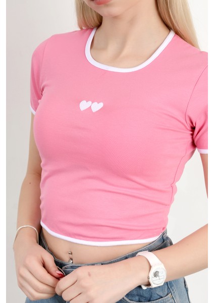 Kadın U Yaka Kalp Nakışlı T-Shirt Pembe - 925055