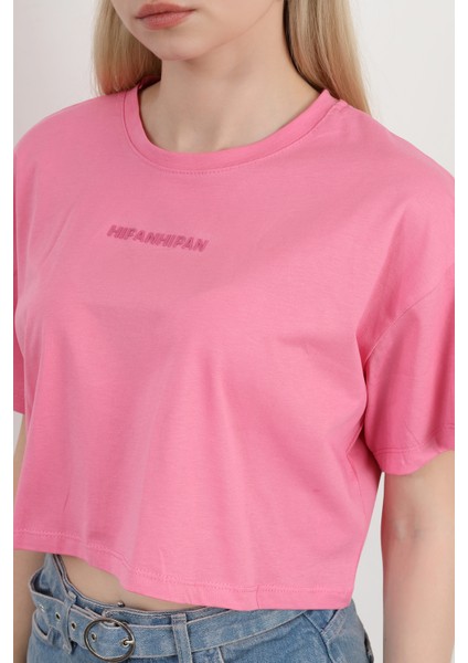 Kadın Bisiklet Yaka Hipan Hipan Baskılı T-Shirt Pembe - 925041