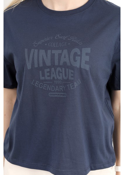 Kadın Bisiklet Yaka Vintage Baskılı T-Shirt Lacivert - 925021