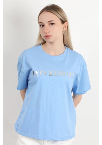 Kadın Bisiklet Yaka Lets Hand Varak Baskılı T-Shirt Mavi - 925030