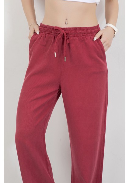 Kadın Beli Lastikli Bağcıklı Bol Paça Pantolon Bordo - 5355