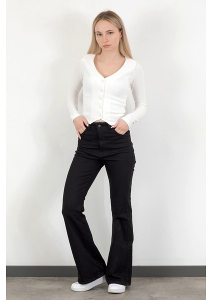 Kadın Yüksek Bel İspanyol Paça Jean Siyah - 2038-612