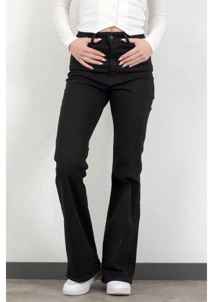Kadın Yüksek Bel İspanyol Paça Jean Siyah - 2038-612