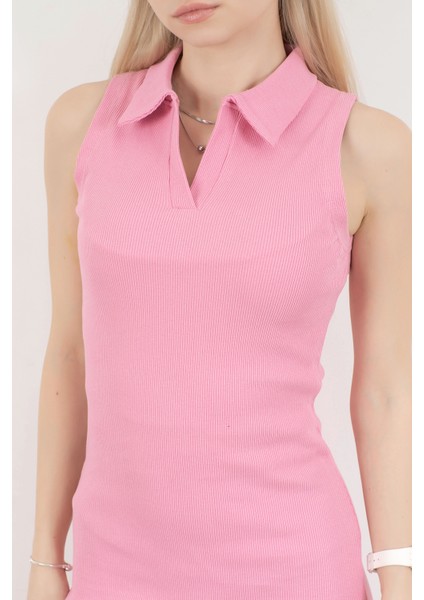 Kadın Polo Yaka Kolsuz Vücuda Oturan Elbise Pembe - 10048