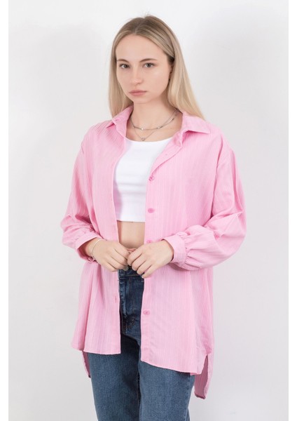 Kadın Çizgili Uzun Kol Regular Fit Gömlek Gri - 25564