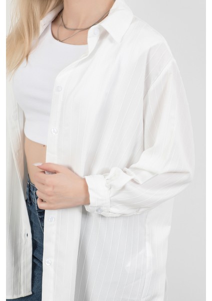 Kadın Çizgili Uzun Kol Regular Fit Gömlek Beyaz - 25564