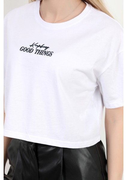 Kadın Bisiklet Yaka Good Things Baskılı T-Shirt Beyaz - 925039
