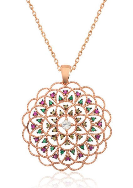 Gümüş Rose Geometrik Desenli Madalyon Kolye CSR2180657