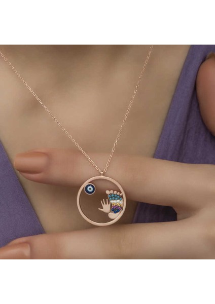 Gümüş Rose Nazarlı El ve Ayak Izi Kadın Kolye CSR2180586 fiyatları