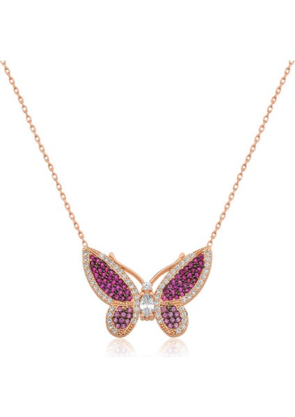 Gümüş Rose Pembe Kelebek Kadın Kolye CSR2180669