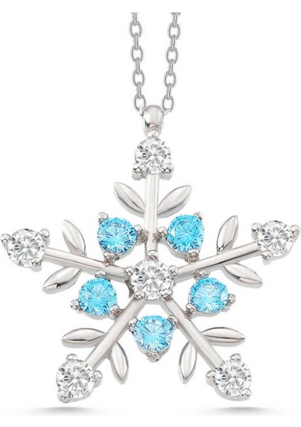 Gümüş Aquamarine Taşlı Kar Tanesi Kadın Kolye CSR2185022