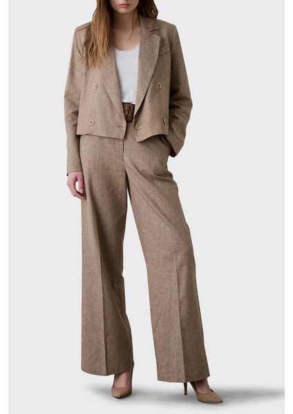 Keten ve Pamuk Karışımlı Regular Fit Yüksek Bel Geniş Paça Pantolon Bayan Pantolon 053