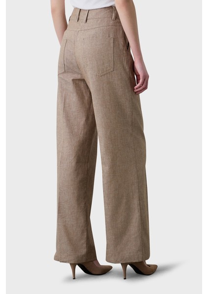 Keten ve Pamuk Karışımlı Regular Fit Yüksek Bel Geniş Paça Pantolon Bayan Pantolon 053 fırsatları