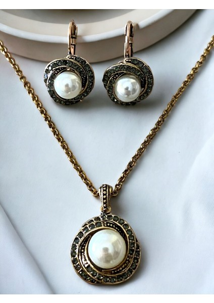 Kristal Taşlı Inci Kolye Ve Küpe Seti