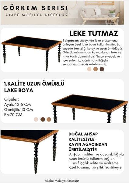 Görkem Serisi Dikdörtgen Siyah Ahşap Kalite Burgu Ayaklı Tasarım Kayın Ağacından Orta Sehpa