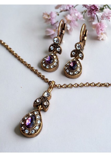 Kristal Taşlı Küçük Su Damlası Kolye ve Sallantılı Küpe Seti