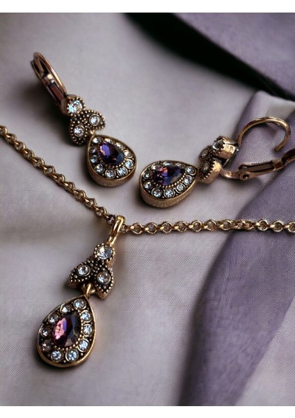 Kristal Taşlı Küçük Su Damlası Kolye ve Sallantılı Küpe Seti fiyatları