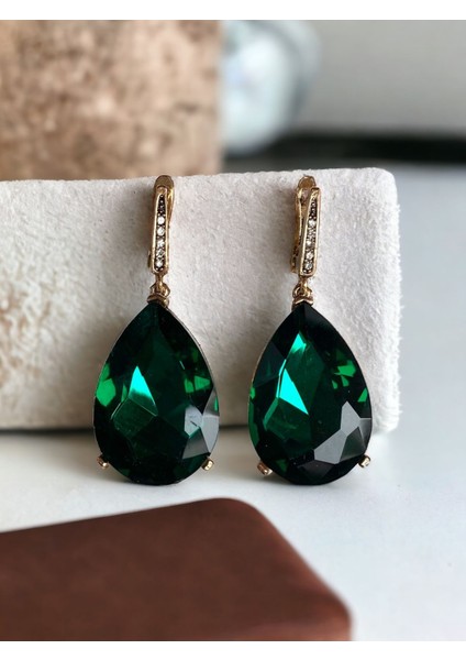 Kristal Taşlı Büyük Su Damlası Sallantılı Küpe