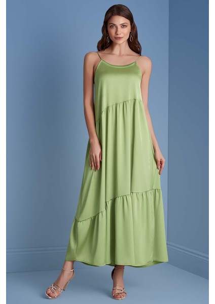 Ribana Yaka Yeşil Saten Elbise