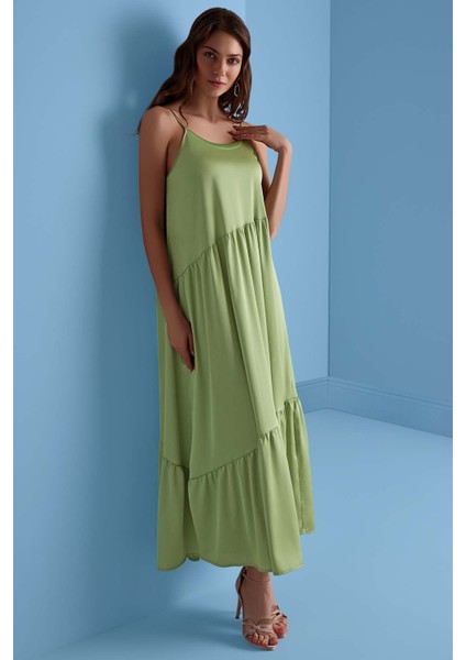 Ribana Yaka Yeşil Saten Elbise fırsatları