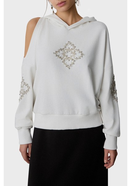 Taşlı Pamuklu Regular Fit Sırt Dekolteli Kapüşonlu Bluz Bayan Bluz 053