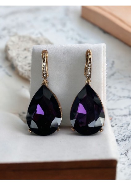 Kristal Taşlı Büyük Su Damlası Sallantılı Küpe