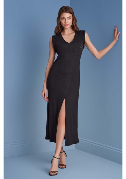 V Yaka Siyah Kaşkorse Elbise