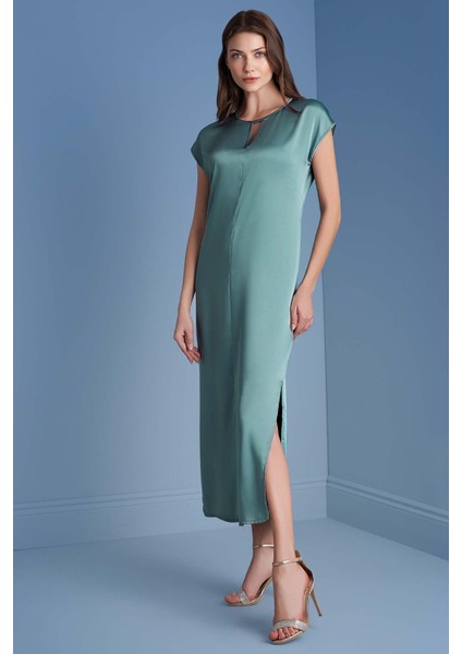Yarasa Kol Kemik Yeşili Saten Elbise fiyatları