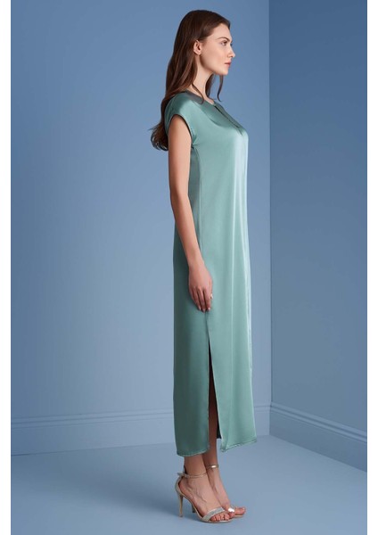 Yarasa Kol Kemik Yeşili Saten Elbise modelleri