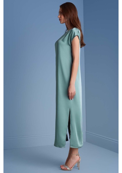 Yarasa Kol Kemik Yeşili Saten Elbise fırsatları