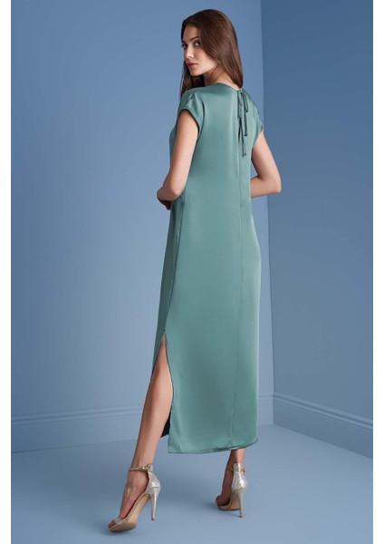 Yarasa Kol Kemik Yeşili Saten Elbise indirimleri