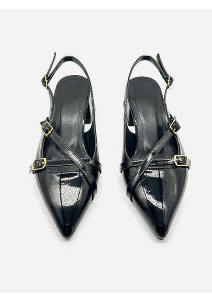 Siyah Arkası Açık Sivri Burunlu Kısa Topuk Günlük Babet Kadın Topuklu Ayakkabı modelleri