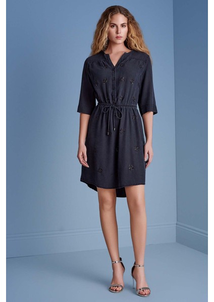 Takma Kol Lacivert Dokuma Elbise