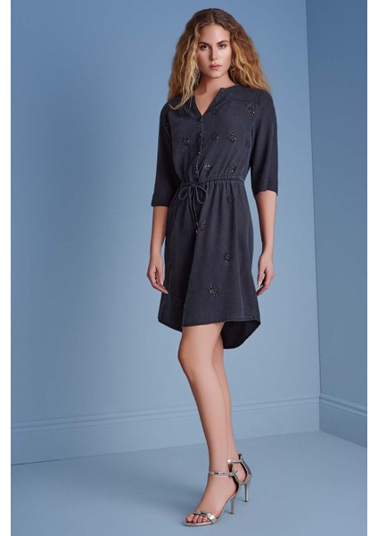 Takma Kol Lacivert Dokuma Elbise fiyatları