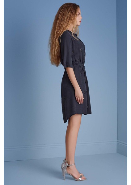 Takma Kol Lacivert Dokuma Elbise modelleri