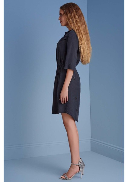 Takma Kol Lacivert Dokuma Elbise fırsatları