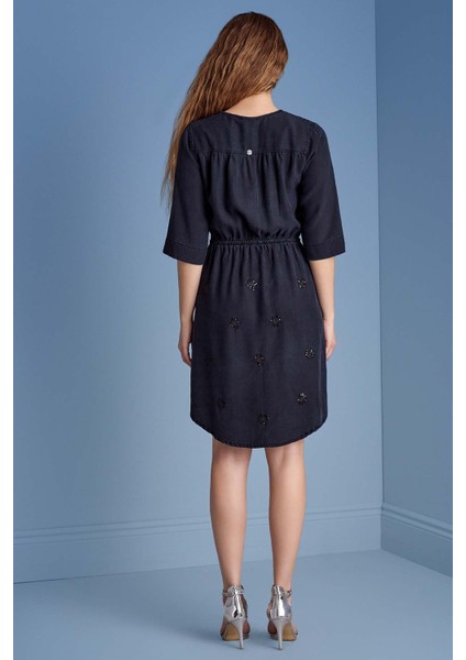 Takma Kol Lacivert Dokuma Elbise indirimleri