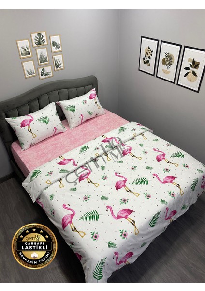 Çetinhome Çarşafı Lastikli Çift Kişilik Nevresim Takımı Flamingo