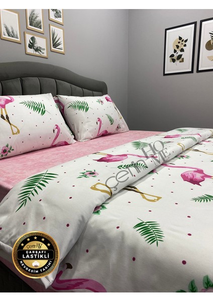 Çetinhome Çarşafı Lastikli Çift Kişilik Nevresim Takımı Flamingo