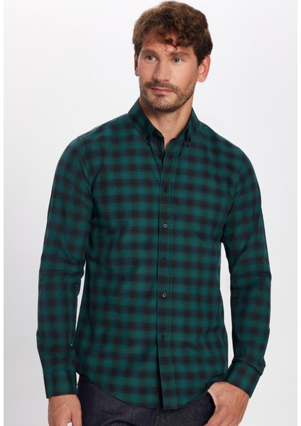 Slim Fit Kareli Pamuklu Kolay Ütü Yeşil Erkek Gömlek
