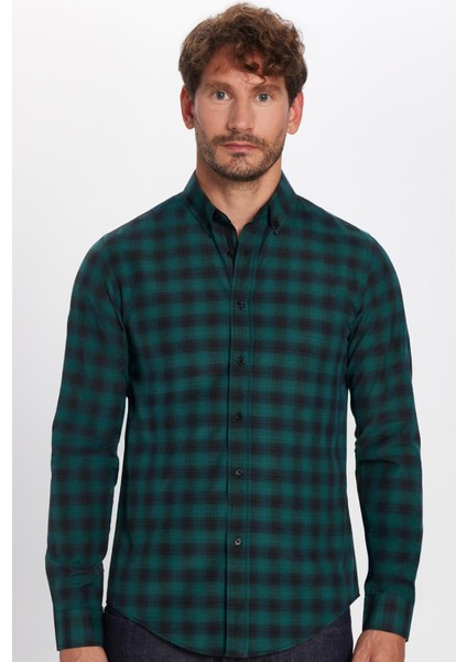 Slim Fit Kareli Pamuklu Kolay Ütü Yeşil Erkek Gömlek