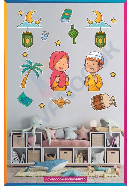 Dua Eden Çocuklar Cam Duvar Süsleri Kandil Ay Yıldız Ramazan Sticker Seti (STICKER-00215)