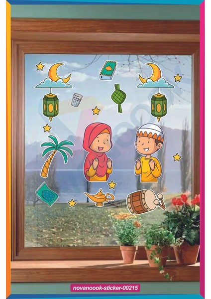 Dua Eden Çocuklar Cam Duvar Süsleri Kandil Ay Yıldız Ramazan Sticker Seti (STICKER-00215) fırsatları
