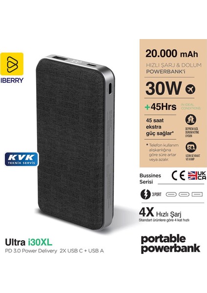 I30XL 20000 mAh Pd 3.0 30W Hızlı Powerbank Taşınabilir Şarj Cihazı