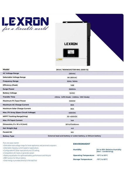 Lexron 1.6kw Hv Mppt 12V Akıllı Inverter