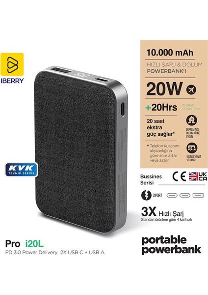 I20L 10000 mAh Pd 3.0 20W Hızlı Powerbank Taşınabilir Şarj Cihazı