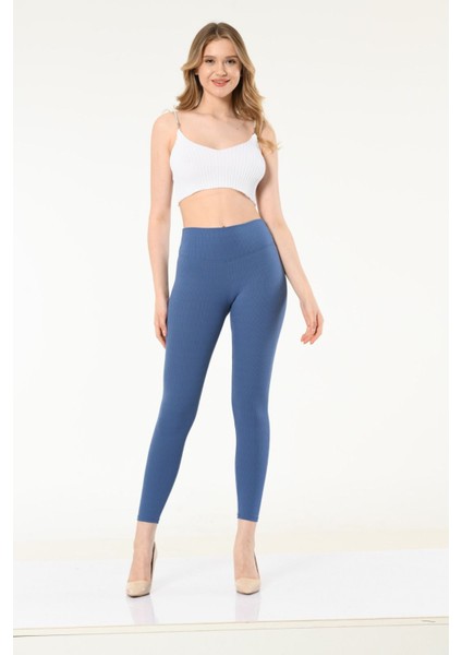 Fitilli Yüksek Bel, Kadın Tayt İndigo Mavi (Likralı)