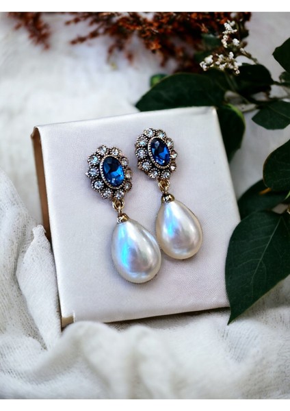 Oval Kristal Taşlı İnci Küpe