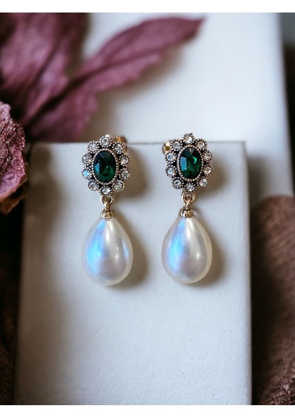 Oval Kristal Taşlı İnci Küpe